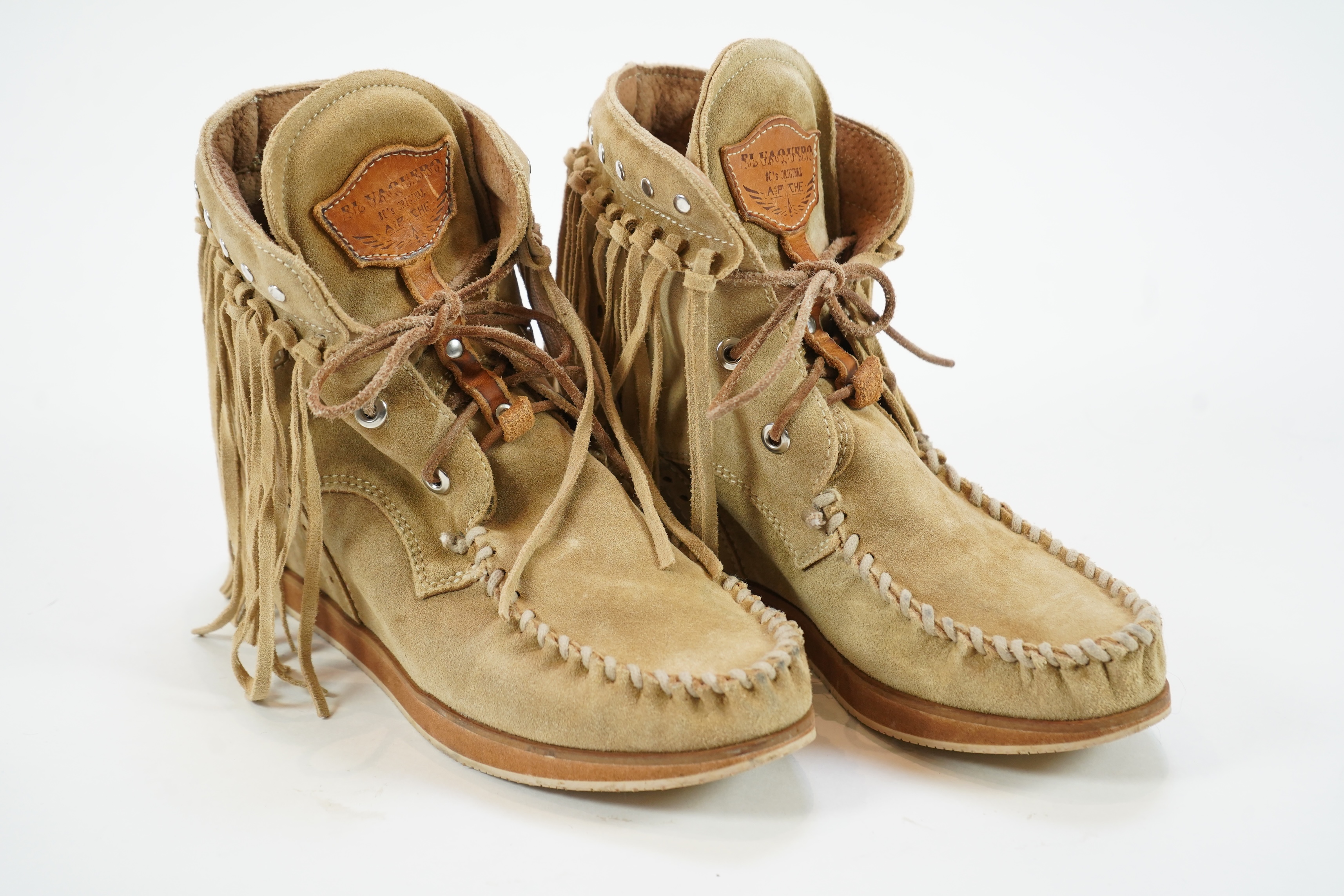 A pair of El Vaquero light tan suede wedge moccasin boots, size EU 41